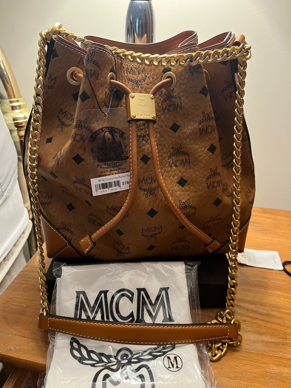 MCM Brown Visetos Drawstring Bucket Bag with Gold Chain Strap